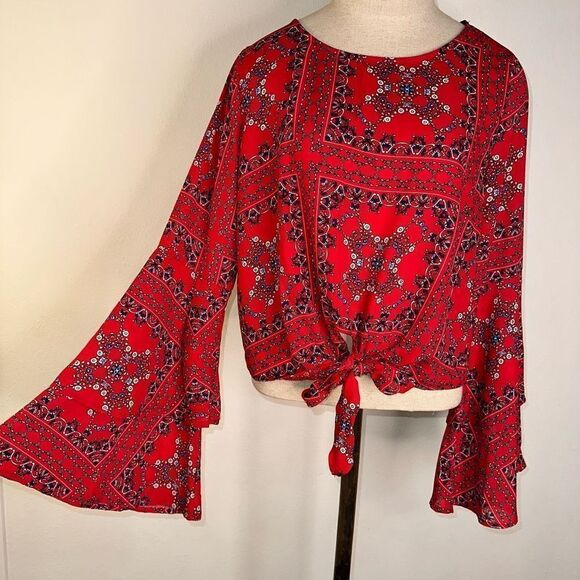 Altar’d State Red Boho Bandana Bell Sleeve Blouse Womens Small Preppy Chic - Picture 3 of 11
